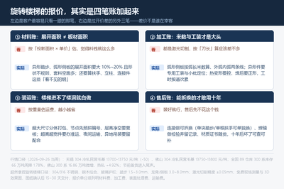 旋转楼梯报价的四笔账：材料账、加工账、装运账、售后账——左边是客户最容易只看一眼的那笔，右边是拉开价差的另外三笔