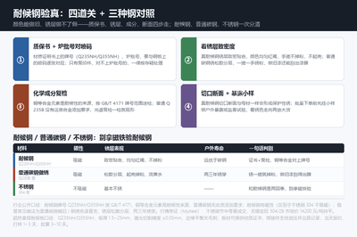 四步验真与三种钢对照:证书对喷码、锈层致密度、成分复检、切口断面——耐候钢吸磁是正常,别拿不锈钢的磁铁验法套在耐候钢上