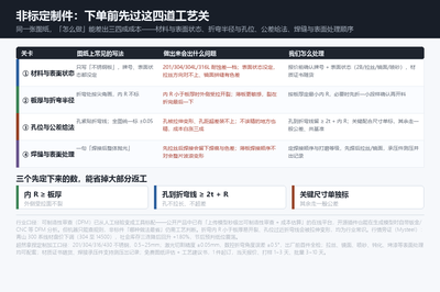 四道关与三个关键尺寸:材料与表面状态、板厚与折弯半径、孔位与公差给法、焊缝与表面处理顺序——内 R ≥ 板厚、孔到折弯线 ≥ 2t + R、关键尺寸单独标,这三个数先定下来,能省掉大部分返工
