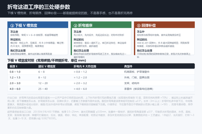 三处硬参数与 V 槽宽度对照:下模 V 槽按板厚取 6~8 倍、折弯顺序先小后大先内后外、回弹补偿按来料实测给——这三处提前定好,折弯件基本不会出现「头几件好、后面越折越差」