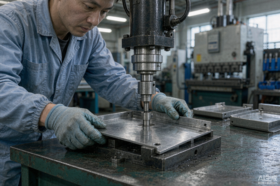 压铆工序现场——压头压力和模具必须对上型号,压歪一颗整块面板就废